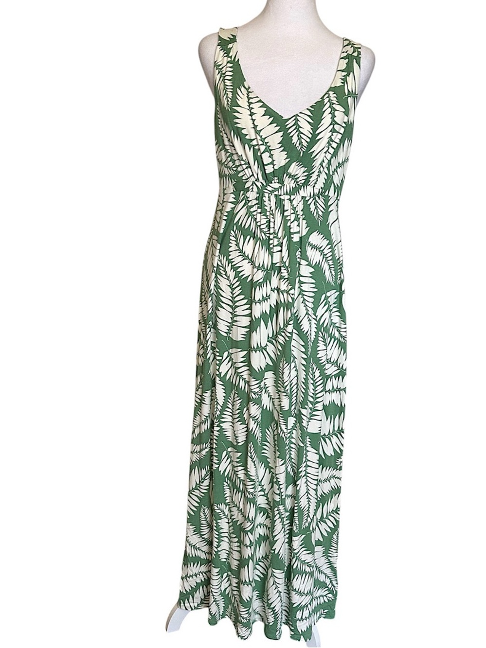 Boden Women’s Maxi Dress Empire Waist Size 8R Green White Leaf Print Sleeveless